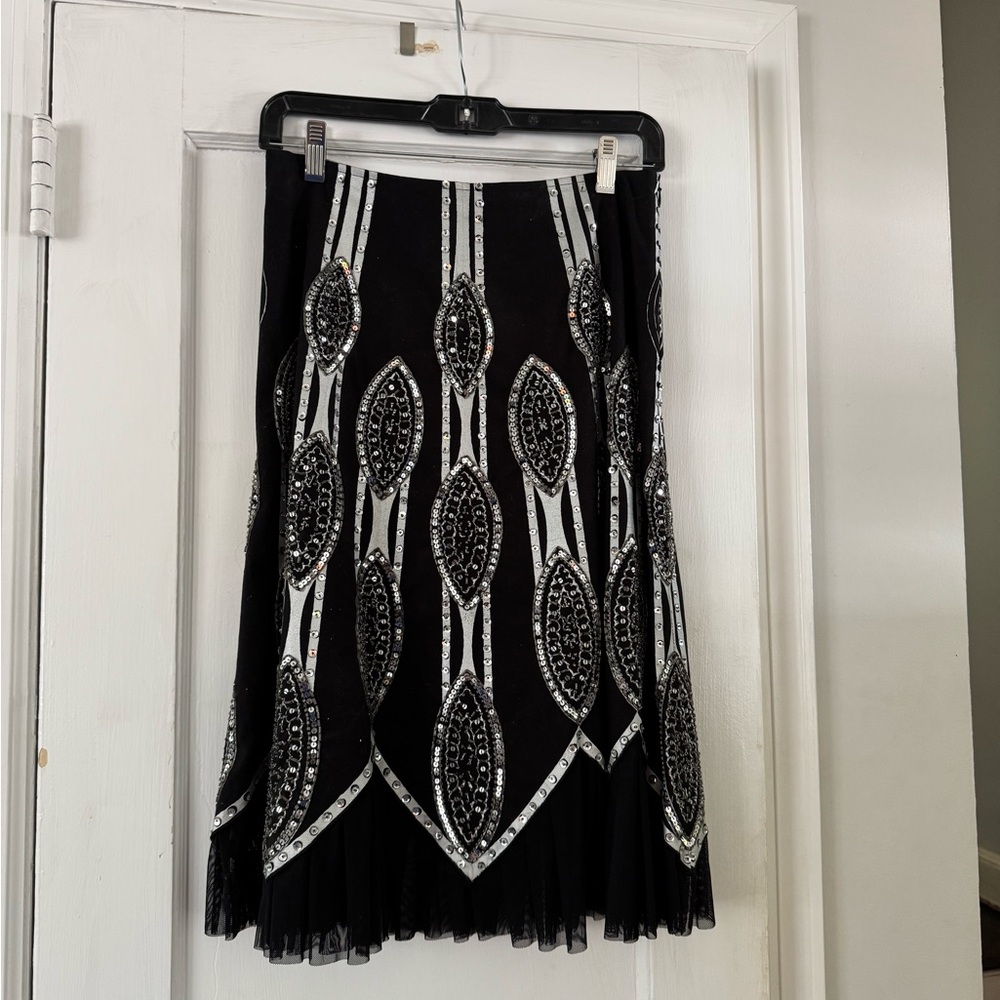 Chic Black and Silver Embellished Midi Skirt